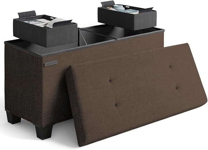 STORAGEBUD Storage Ottoman Bench with Bins, 30-in Storage Bench for Bedroom End of Bed, Folding Foot Rest Ottoman for Living Room Max 660lbs, Fabric Ottomans, Brown