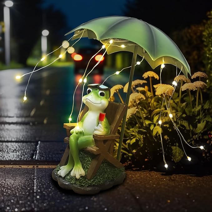 Solar Frog Outdoor Garden Statues Yard Decor - Solar Lantern LED Red Wine Frogs Umbrella Figurine with Lights Waterproof, Animal Statue Decoration Ornaments for Patio/Lawn Balcony/Backyard/Home