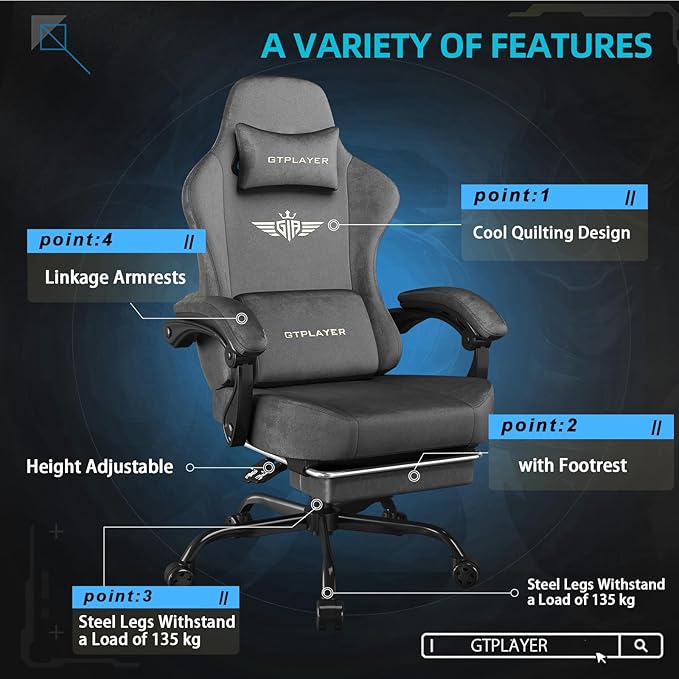 GTPLAYER Gaming Chair Fabric with Pocket Spring Cushion, Big and Tall Gamings Chairs 350LBS High Back Computer Chair with Footrest for Adults Lumbar Support Swivel Game Chair for Office Dark Grey