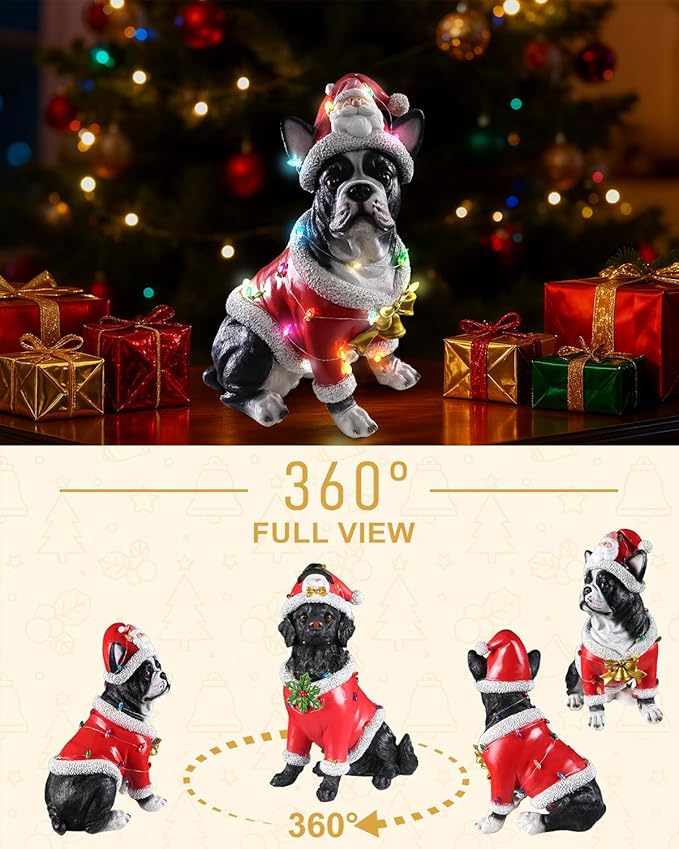 Christmas Outdoor Decoration Dog Statue, LED Light Cute French Bulldog Sculpture with Santa Outfit & Lights for Garden and Yard, Indoor Holiday Décor Gift for mom and dad