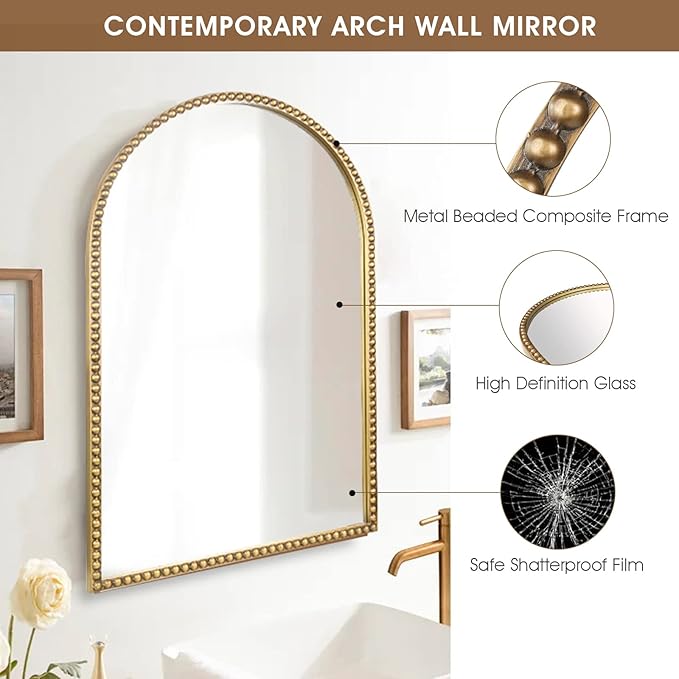 Arched Wall Mirror for Bathroom, 20"x30" Metal Beaded Frame Decorative Accent Mirror, Large Modern Distressed Hanging Wall Decor for Washroom, Bedroom, Living Room, Entryway, Antique Gold