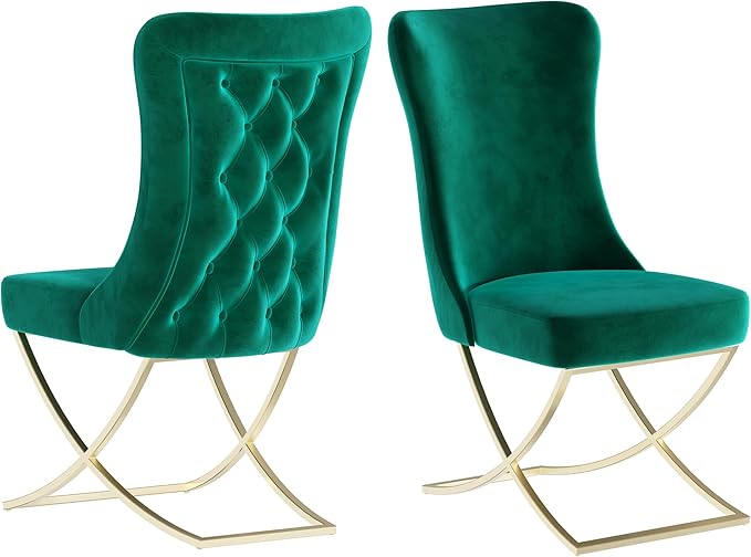 Ottomanson Royal Dining Chairs Set of 6 – Upholstered Tufted Microfiber, Assembled, Gold Metal Legs, Beech Wood Frame, 350 lb Capacity, Green