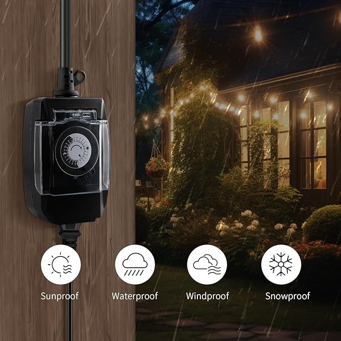 Outdoor Timer Outlet Waterproof, 24 Hour Mechanical Timer Outlet for Home and Garden, Single Grounded, 15A 3/4HP, Black, 3 Pack
