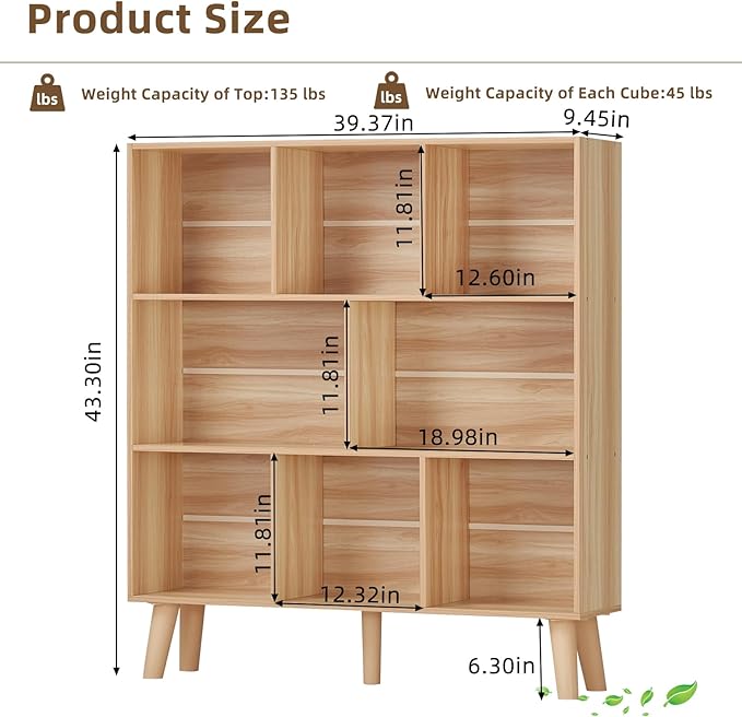 LEYAOYAO Wooden 8 Cube Book Shelf, Natural 3 Tier Bookshelf with Legs, Modern Open Storage Organizer,Boho Bookcase,Display Cabinet Shelf Free Standing Bookshelves for Bedroom,Living Room,Office