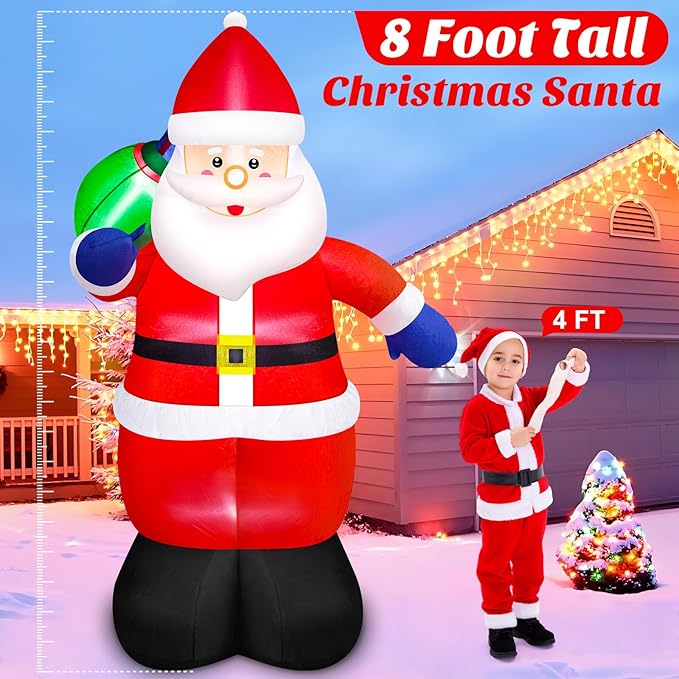 Danxilu 8 FT Christmas Inflatable Santa Claus with Gift Bag Outdoor Decorations, Blow Up Giant Santa IP44 Weatherproof Xmas Decor Built-in LED Lights for Yard Outside Lawn Patio Holiday