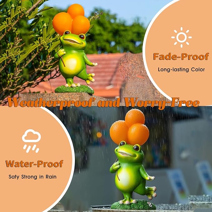 WHIMSYNOOK 11.8" Resin Frog with Balloon Solar LED Garden Statue Light, Ideal for, Porch, Lawn, Yard, Housewarming, or Birthday Gifts for Mom, Family, and Froggy Lovers