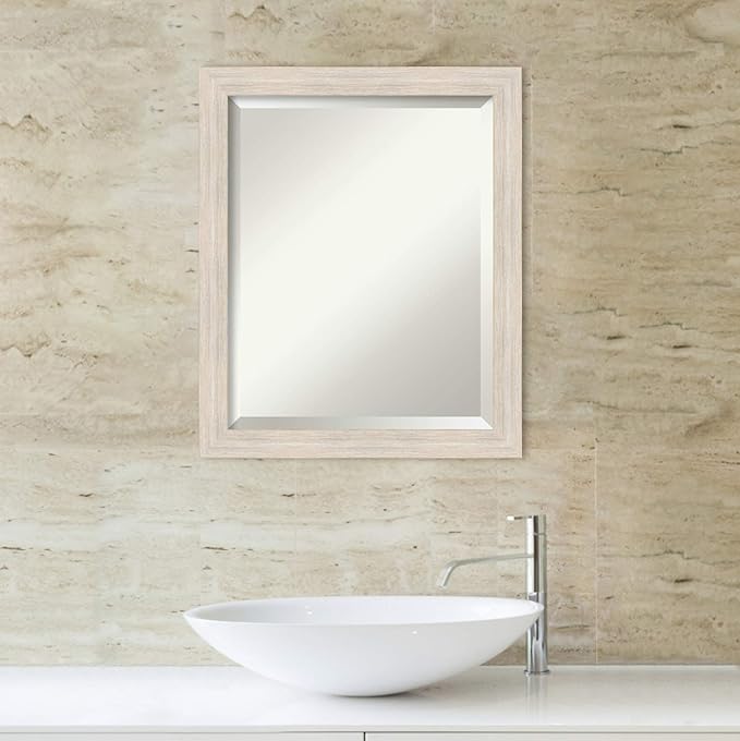 Amanti Art White Bathroom Mirror for Over Sink, 23x19 Hardwood White Wash Narrow Rectangle Vanity Mirror, Small Rustic Farmhouse Wood Frame, Hangs Horizonally and Vertically, Bathroom Wall Decor