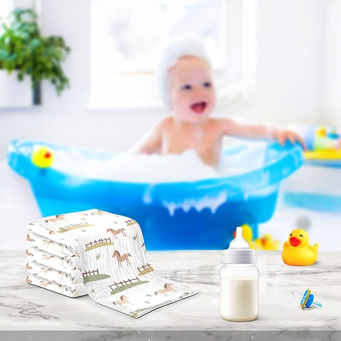 vvfelixl Baby Muslin Washcloths Cute Horses Fences Baby Burp Cloths Cotton Babys Face Towel for Newborn Infants Boys Girls Soft and Absorbent 11.8 X 11.8 in, 3 Pack