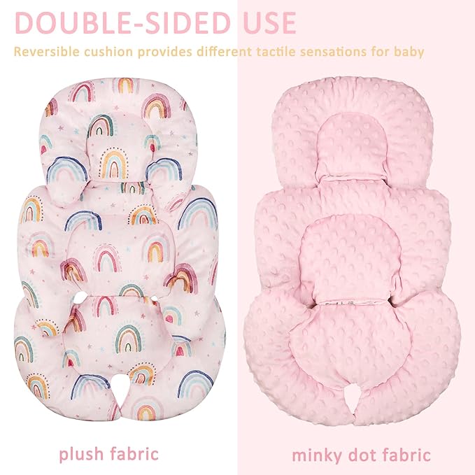 Infant Car Seat Insert, Car Seat Head Support Baby Girls Boys, Soft & Reversible Newborn Carseat Insert Cushion with 2 Strap Covers, for Stroller, Swing, Bouncer (Pink Rainbow)
