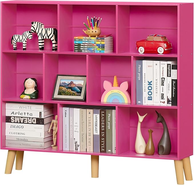 LEYAOYAO 10 Cube Bookshelf,3 Tier Modern Wide Bookcase with Legs,Mid-Century Wood Bookshelves Storage，Pink Large Book Case,Freestanding Organizer Display Shelf for Bedroom,Living Room,Office