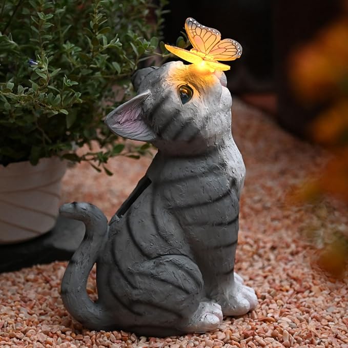 Solar Cat Garden Figurines Outdoor Decor Statue with LED Lights for Patio Balcony Yard Lawn Housewarming Gift for Garden Mom Grandma (Grey)