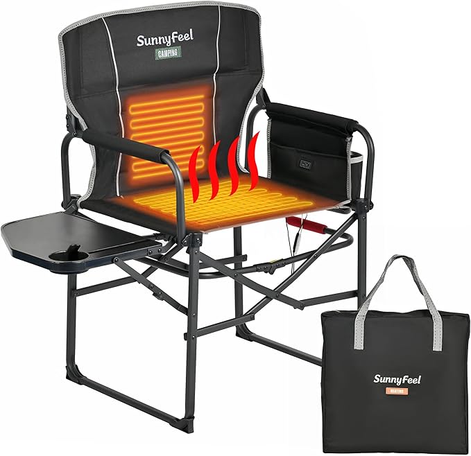 SUNNYFEEL Heated Camping Directors Chair, Heavy Duty,Oversized Outdoor Portable Heating Folding Chair with Side Table, Pocket for Beach, Fishing,Trip,Picnic,Lawn,Concert Foldable Camp Chairs