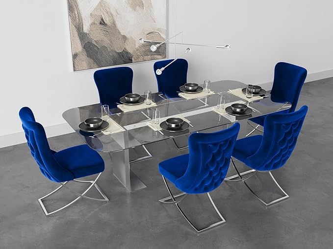 Ottomanson Royal Dining Chairs Set of 6 – Upholstered Tufted Microfiber, Assembled, Silver Metal Legs, Beech Wood Frame, 350 lb Capacity, Blue