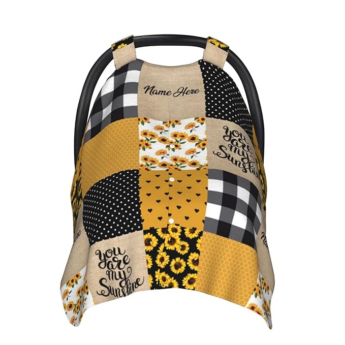 Personalized Sunflower Plaid Baby Infant Car Seats Canopy for Babies with Name, Custom Multi-use Blankets for Baby Boys Girls, Minky Nursing Breastfeeding Stroller Cover Canopies for Newborn