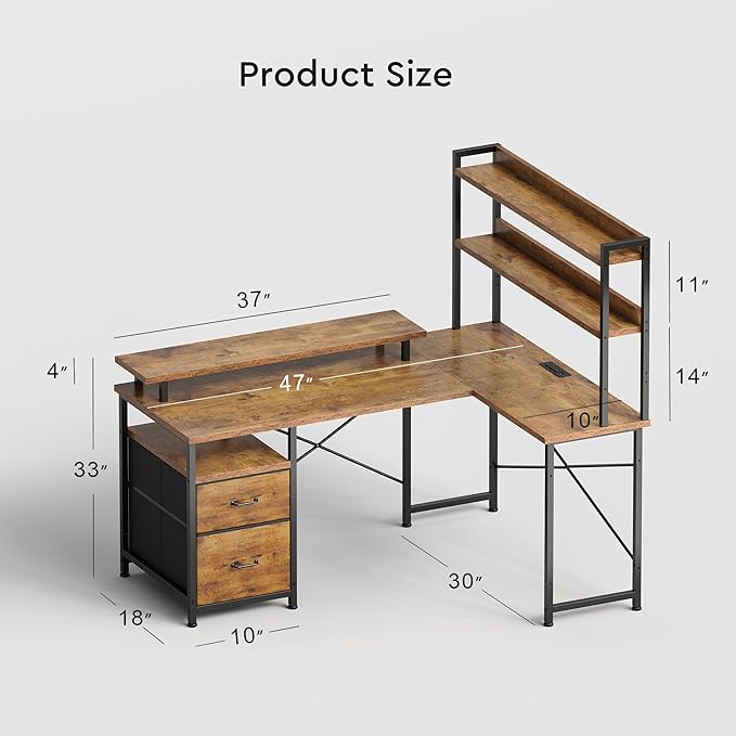L Shaped Desk with Shelves,Reversible Computer Desk with LED Lights and Charging Station,Home Office Corner Desk with Monitor Stand,Brown2