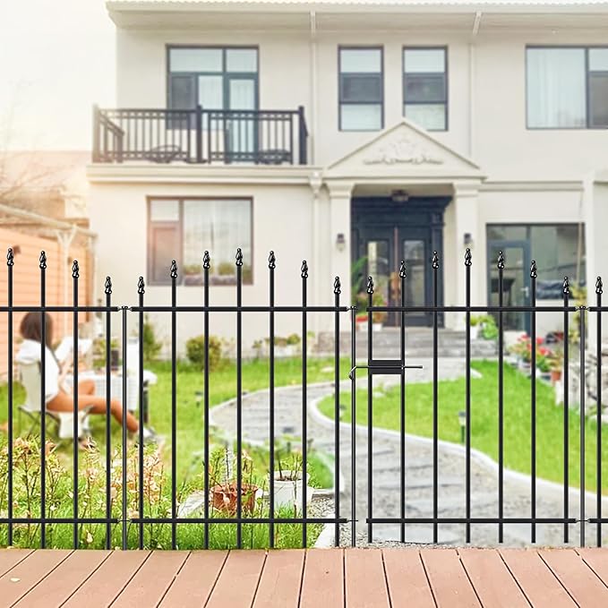 Metal Garden Fence with Gate 32 in H x 12 ft L, 1 Gate + 5 Panels Border Dog Fence Panels Animal Barrier, No Dig Garden Fencing for Yard Patio Flower Bed Lawn Outdoor, Arch Black
