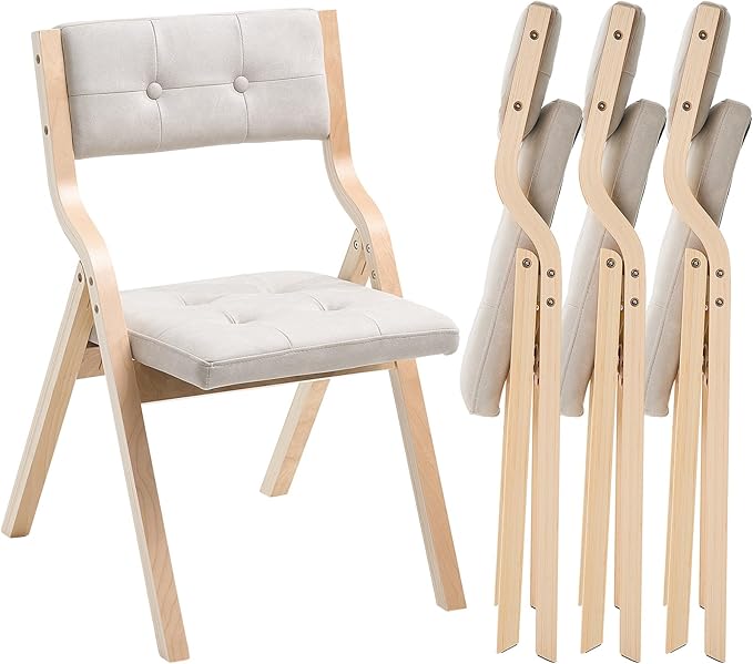 VEVOR Wooden Folding Chairs with Cushion, Set of 4, Portable Foldable Cushion Chair with Wooden Frame, Modern Padded Dining Chair for Kitchen, Office, Wedding, Party, Dining Room, Easy Assembly, Beige