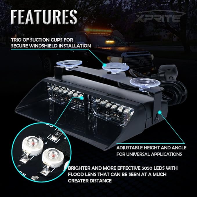 Xprite White Red LED Emergency Dash Strobe Light, Interior Windshield Safety Warning Firefighter Lights w/Suction Cups, 12V Windshield Visor Light Bar for Police Ambulance EMS Patrol Vehicles Trucks