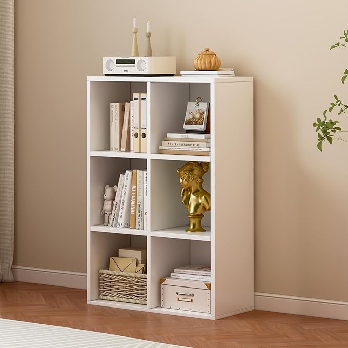 6-Cube Storage Shelf Bookcase - Wooden 3-Tier Floor Standing Open Bookshelf for Home and Office, Display Cabinet, Warm White