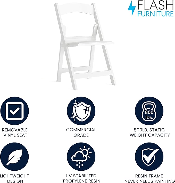 Flash Furniture Hercules™ Series Folding Chair - White Resin - 1000LB Weight Capacity Comfortable Event Chair - Light Weight Folding Chair