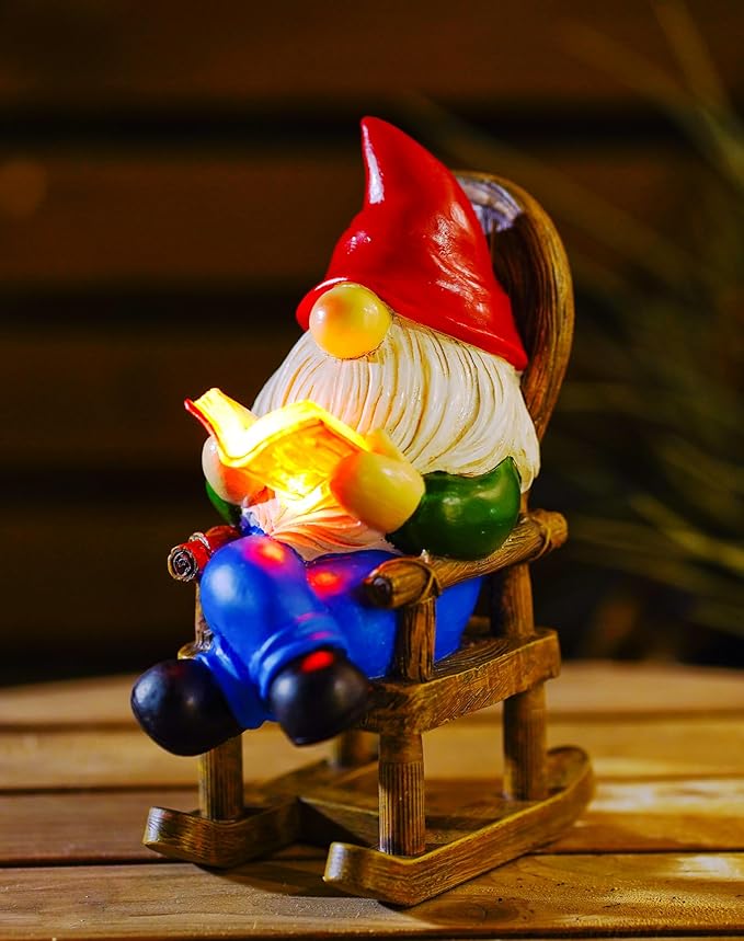 Gnome Reading Solar Statue - Outdoor Solar Gnome Reading on a Chair Garden Decor - Unique Design Ideal Gifts for Women,Mom