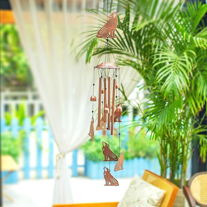 Wolf Wind Chimes Outdoor Wolf Gifts for Women/Men/Mom/Wife/Grandma Birthday Gifts Memorial Gift Metal WindChimes for Outside/Indoors, Lawn, Patio, Home, Porch, Yard Decor, Garden Decorations