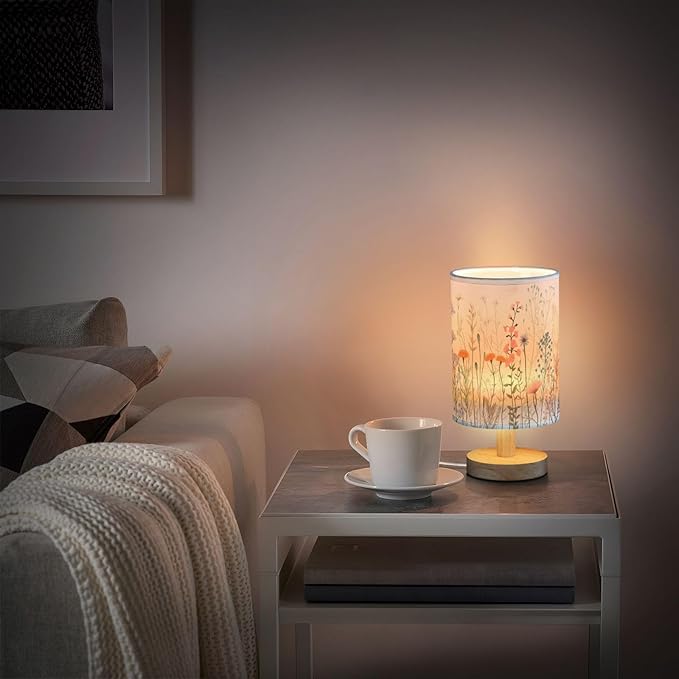 Bedside Table Lamp Colorful Herbs Wild Flowers Nightstand Lamp with Wood Desk Lamps for Bedroom Living Room Nursery Office Home Decor