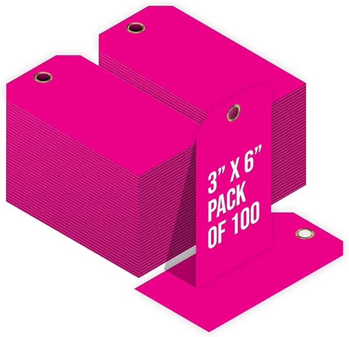 Tags 4 Less 15 Mil Waterproof Plastic Tags, Pack of 100 – 3” x 6” Heavy Duty Plastic Tags for Labeling, Outdoor Tagging, Equipment Labeling, Luggage, Valves & More (Fluorescent Pink)