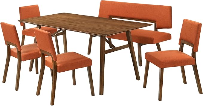 Armen Living Channell Mid Century Modern 6 Piece Walnut Wood Dining Table Set with Bench in Orange Fabric
