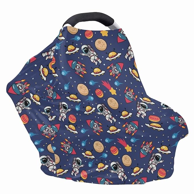 GIFTPUZZ Astronaut Car Seat Canopy Nursing Cover, Multi Use Baby Stroller and Carseat Cover, Nursing Covers Breastfeeding Scarf, Breathable Stretchy 360 Coverage, Perfect Babies Shower Gifts