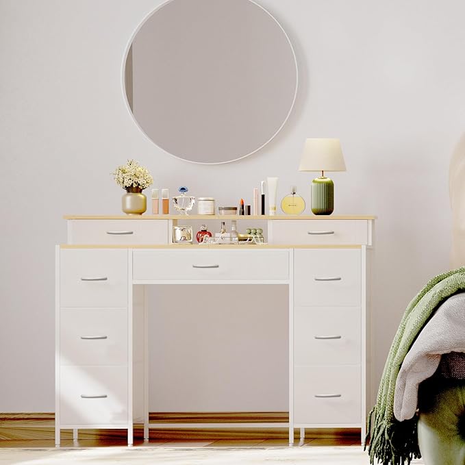 Dresser for Bedroom with 9 Drawers & 2 Open Shelves, Fabric Storage Dresser, Chest of Drawers, Long Dresser for Closet, Wooden Top & Metal Frame, Classic White