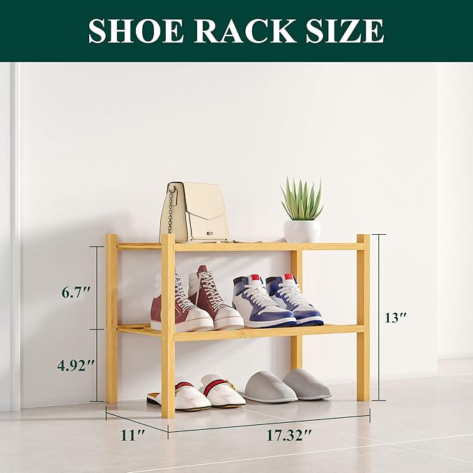 Smiry Shoe Rack, 2 Tier Small Bamboo Shoe Organizer, Stackable Free Standing Wooden Shoe Storage Shelf for Closet, Entryway, Front Door Entrance, Natural