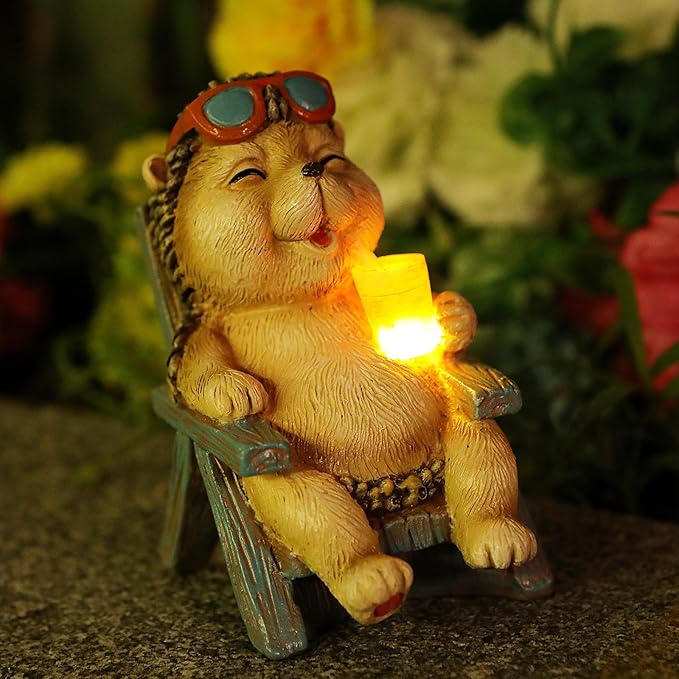 Hedgehog Statue Outdoor Solar Garden Decor for Outside Lawn Yard Patio, Home Office Thanksgiving Decorations Indoor Lights, Ideal Ornaments Birthday Gifts for Mom Women Grandma