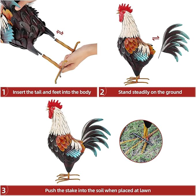 chisheen Metal Rooster Decor,Yard Chicken Decorations,Outdoor Garden Statues, Metal Chicken Sculpture for Backyard Patio Kitchen Decor & Lawn Ornaments
