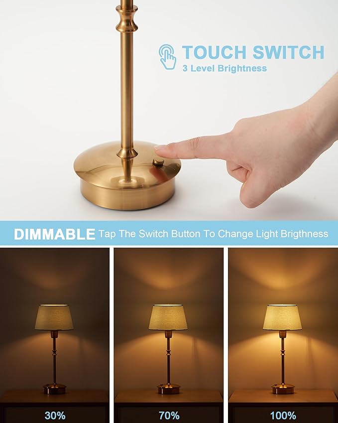 UMEXUS Cordless Lamp Rechargeable Table Lamps, 5000mAh Battery Operated Lights, 3 Level Brightness Dimmable, Portable Night Bedside Light for Patio, Restaurant, Dining, Fabric Shade, Antique Brass