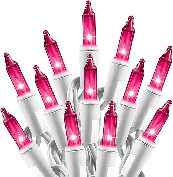 Christmas Pink Mini String Lights - 100 Count 25 Feet Detachable Incandescent Bulb Waterproof Fairy Lights Plug in for Indoor Outdoor Party Patio Xmas Tree Valentine's Day Decoration, White Wire