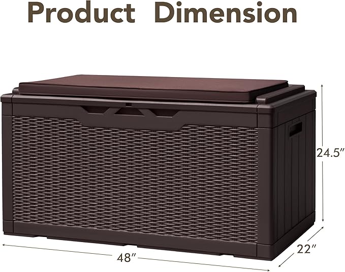 Devoko 100 Gallon Deck Box, Waterproof Resin Outdoor Storage Box with Cushion for Outside and Patio, Large Outdoor Storage Bench Cabinet Lockable for Patio Furniture and Garden Tools (Deep Brown)