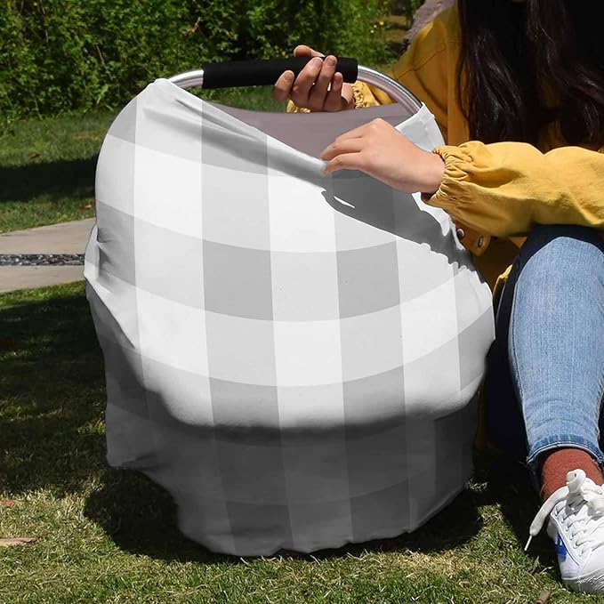 Grey White Plaid Car Seat Covers for Babies, Modern Geometric Minimalist Grid Nursing Breastfeeding Covers Stretchy Breathable Baby Carseat Canopy Cover for Girls and Boys Shower Gifts