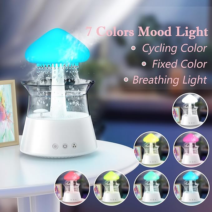 Diffuserlove Cloud Humidifier Rain Water Drip Diffuser Humidifier with Remote Waterfall Lamp Mushroom Humidifier Rain Sounds White Noise Humidifier Air Humidifiers for Bedroom Desk