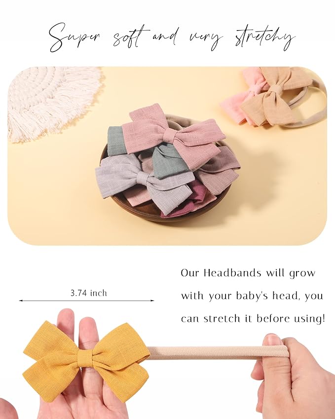 jollybows 40pcs Baby Girls Nylon Hair Bows Headbands Linen Hair Bands Elastic Hair Accessories for Kids Infants Newborn (4-40 PCS Solid Linen)
