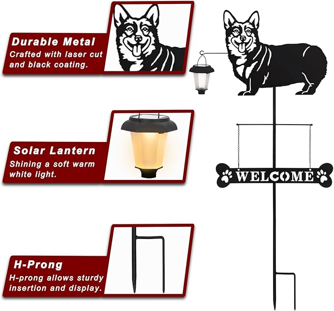 BAYN Solar Corgi Silhouette Dog Breed Welcome Sign with a Lantern Outdoor Decorative Garden Stakes for Yard, Lawn, Patio, Pathway