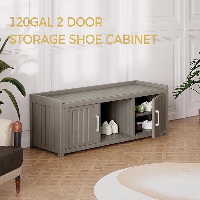 Storage Bench - Waterproof Resin Shoe Bench with Adjustable Shelves - Indoor & Outdoor Use, 2 Doors Entryway Bench with Hidden Storage Space - Storage Cabinet for Bedroom, Hallway, Grey