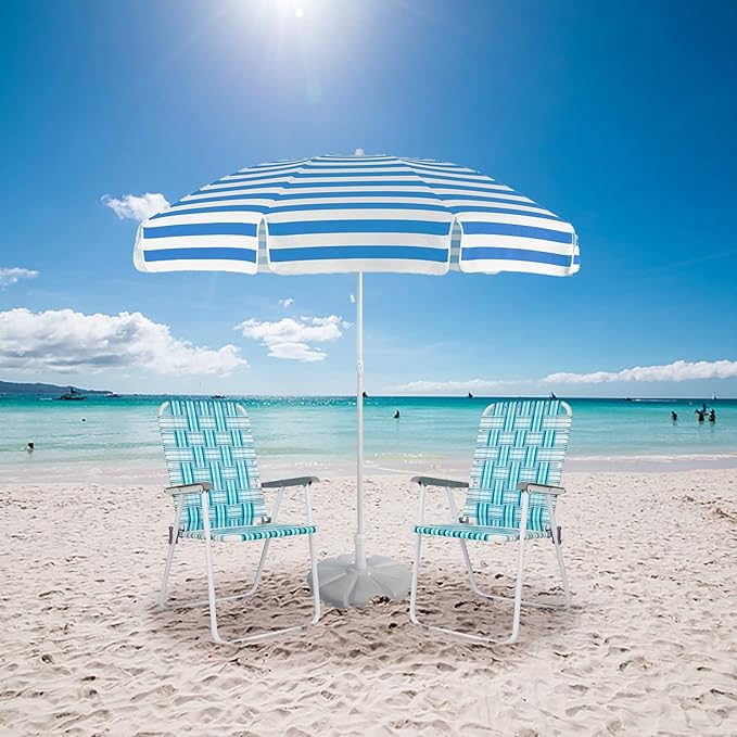VINGLI Patio Lawn Webbed Folding Chairs Set of 2, Outdoor Beach Chair Portable Dining Chair for Outdoor Yard, Garden (White & Blue, Classic)