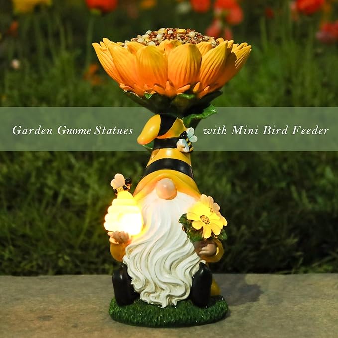 MUMTOP Garden Gnome Statue with Sunflower Birdbath Birdfeeder Outdoor Decor, Resin Summer Bee Gnome Holding Honey Jar with Solar LED Light Waterproof Garden Sculpture for Yard Lawn Decorations
