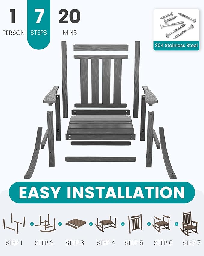 SERWALL HDPE Outdoor Rocking Chair Set of 8, Patio Rocking Chairs for Adults, All Weather Outdoor Rockers for Lawn, Grey