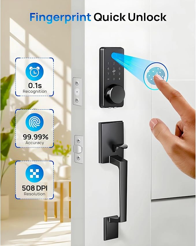 WiFi Smart Keyless Entry Door Lock Set w/Front Door Handle, 0.1s Fingerprint Biometric Unlock, Auto Lock, APP Remote/Passcodes/Cards Control, Keypad Deadbolt, Easy Install for Entry Bedroom