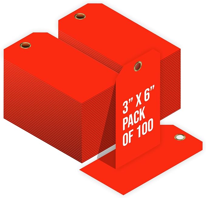 Tags 4 Less 15 Mil Waterproof Plastic Tags, Pack of 100 – 3” x 6” Heavy Duty Plastic Tags for Labeling, Outdoor Tagging, Equipment Labeling, Luggage, Valves & More (Fluorescent Orange/Red)