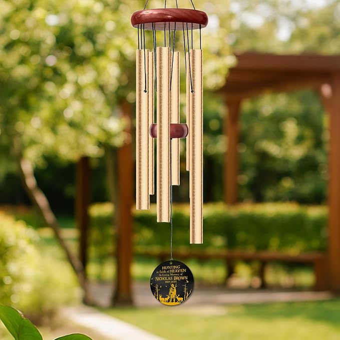 Personalized Hunting Memorial Wind Chime – “Hunting in Fields of Heaven” Wind Chimes – Custom Name & Years – Outdoor Sympathy Gift for Hunters, Dad, or Grandpa – Memorial Garden Décor
