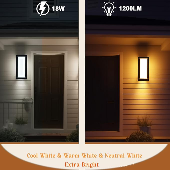 rosykite Outdoor Wall Sconce Lights 2Pack, Square LED Outdoor Wall Lights 18W, 3CCT Selectable 3000K 4000K 5000K Daylight, Modern Waterproof Exterior Wall Light for House, Porch, Garage