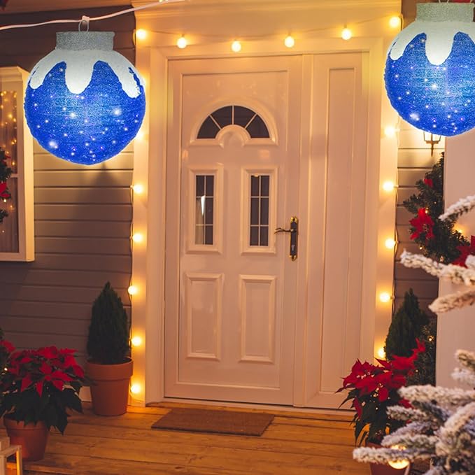 BRIGHTDECK Outdoor Christmas Ornaments, Lighted Pop-Up Outdoor Holiday Ball Decoration with 80 LED Lights, 8 Light Modes, Lighted Collapsible Holiday Decorations for Yard, Home (Blue)